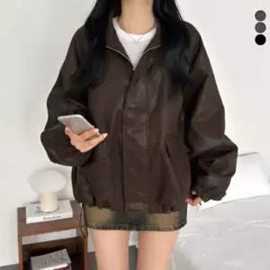 [하프클럽/이버유]여성 가죽점퍼 하이넥 오버핏 간절기 레더자켓