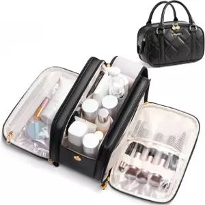 백스텔라 여행용 메이크업 가방 여성용 대용량 퀼트 세면도구 스탠드업 화장품 오픈 플랫 케이스 정리함