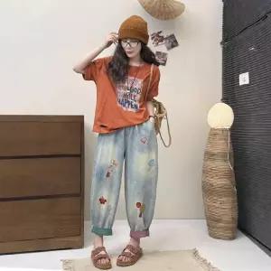 스파이더맨 와펜 포켓 밑단 워싱 캐릭터 청바지 하의 여성용 봄 OPH1