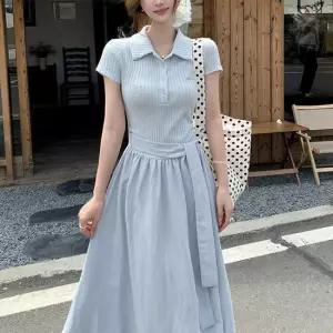 [아리엘스타일]카라니트 배색플레어 여름데이트룩 필루디롱원피스