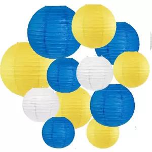 호환  12Pcs 흰색 파란색과 노란색 혼합 종이 등불 장식 어 라운드 종이 등불 발렌타인 데이 소녀 파티 홈