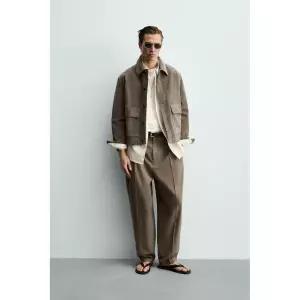 ZARA 크롭핏 스웨이드 레더 오버셔츠 - 밍크