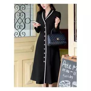 [시크라인](~XXL까지) 배색 숄카라 셔링 소매 에나멜 버튼 원피스 봄,가을 하객룩 오피스룩 격식룩 롱