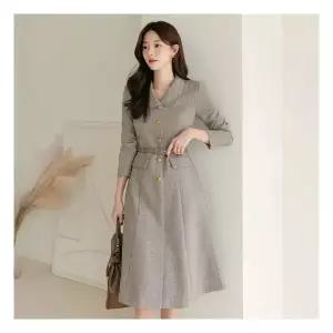 [시크라인] 샌디아 로우카라 골드버튼 헤링본 원피스