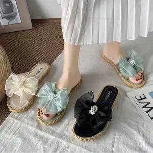 여성스런 진주리본 편한 낮은굽 러블리 데일리 슬리퍼 여자슬리퍼 털슬리퍼 실내슬리퍼