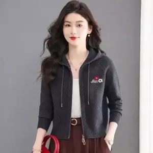 EAMT 여친 니트 캐주얼 카디건 쇼트 겉옷 봄가을 톱 후드집업 YJ3