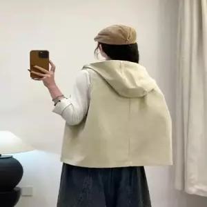 EAMT 빈티지 캐주얼 여자 조끼 민소매 솔리드 투포켓 톱 후드 카디건 YJ1