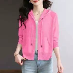 여성용 니트 캐주얼 쿨링 집업 얇은 야상 봄여름 후드 상의 긴팔 카디건 가디건 ST1
