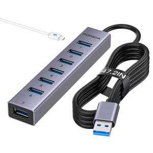 [미국배송] 포리다 알루미늄 합금 8포트 USB 허브 롱 케이블 스플리터(7USB3.0 데이터 포트 및 애플호환 노트북 SURFACE PRO PS5 PC 등과 호환되는 TYPEC 5V/3A POWER LOGIC 포함) (그레이 A47IN)