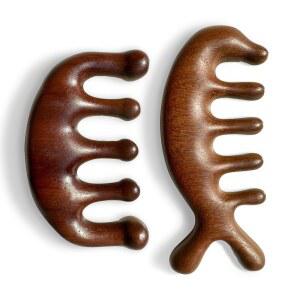 2팩 나무 와이드 이빨 빗 및 마사지 도구 - 수제 100% 천연 그린 샌달우드 메리디안 마사지기