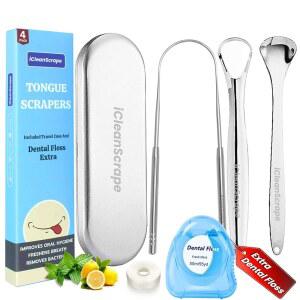 혀 스크레이퍼 4팩 u2013 프리미엄 스테인리스 스틸 클리너 키트, 여행용 케이스 및 민트 치실, 재사용 가능한 헤비 듀티 금속 스크러버가 포함되어 있어 신선한 입냄새와 일상적인 구강 관리가 가능합니다