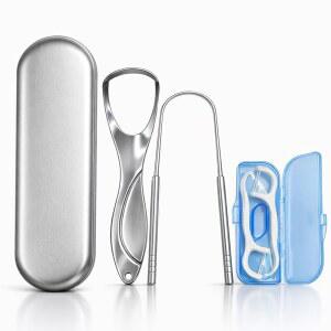 2팩 텅 스크레이퍼 스테인리스 스틸, 메탈 클리너 및 키트, 여행용 케이스 무료 치실 u2013 듀얼 디자인으로 효과적인 혀 청소, 미용 필수품 제공