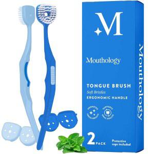입냄새, 구취 및 구강 위생을 위한 부드러운 칫솔 - 인체공학적 손잡이와 보호 캡이 있는 혀 스크레이퍼 브러시 2팩