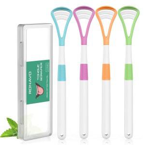 RONAVO 혀 스크레이퍼, 일회용 클리너, BPA 프리 브러시 1개 중 2개, 구강 관리를 위한 칫솔질 및 스크레이핑, 여행용 케이스 포함, 구취 퇴치, 4팩