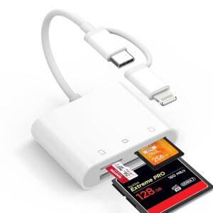 Mac 듀얼 커넥터(라이트닝 및 USB C)용 덴레인 CF SD 카드 리더, 컴팩트 플래시 /SD /MicroSD 3 슬롯을 갖춘 용 디지털 카메라 메모리 어댑터, 안드로이드 휴대폰 노트북용 플러그 앤 플레이