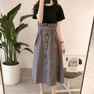 [쉐도우샵]여성 체크 롱 스커트 반팔 투피스 세트 (16429359A)