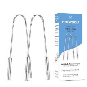 구취 및 구강 위생을 위한 핑크 울프 스테인리스 스틸 혀 스크레이퍼 u2013 304 금속 클리너, 화이트 혀를 딥 리치, 여행용 케이스 포함 2팩