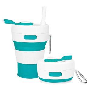 제이샤이그룹 실리콘 접이식 여행용 머그잔 그린 15온스/450ml - 뜨겁고 차가운 음료용 누수 방지 재사용 물병 여행 사무실 및 가정용 식기세척기 안전 빨대 포함