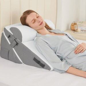 후용 새스티 웨지 베개 세트, 산성 역류, 수면, 목 및 허리 지지를 위한 메모리 폼 넥 쿠션 u2013이 포함된 2PCS 조절식 침대 헤드보드, 다크 그레이 & 화이트