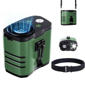 Auxemu 휴대용 허리 팬, 10단 터보 모터가 장착된 충전식 벨트 35시간 런타임, 130 와이드 공기 흐름 본체 LED 조명, 야외 작업, 캠핑, 낚시를 위한 핸즈프리 웨어러블 팬(녹색)