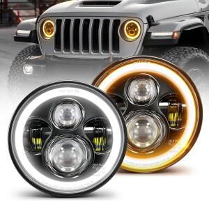점프디 7인치 LED 헤드라이트 라운드 헤일로 엔젤 즈 DOT, 랭글러 JK TJ LJ CJ용 흰색 DRL 앰버 턴 시그널 H6024 하이/로우 빔 라이트 포함 2PCS 클래식 승인