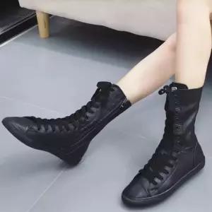 레이스업 부츠 가죽 앵클 통굽 워커 스웨이드 플랫 여성