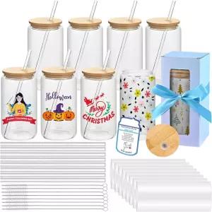 대나무 뚜껑이 있는 MAFYE 승화 유리 블랭크 크리스마스용 빨대 선물 상자가 16OZ 투명 맥주 컵 주스용