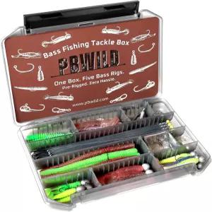 PBWILD 59Pcs 배스 낚시 태클 박스 키트 5 리그 시스템 프리 리깅 바위 지그 와키 샷 남성용 선물 모듬