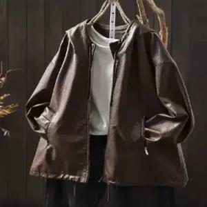 볼사스 여사친 하프 캐주얼 빈티지 가죽 잠바 솔리드 점퍼 후드 PU 야구 코트 ADOR1