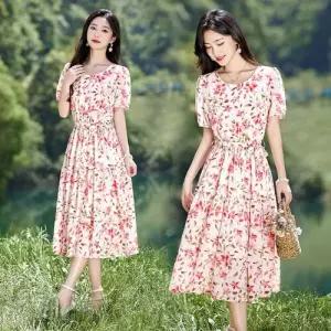원피스 미디 여름 빅사이즈 얼굴환해보이는 쉬폰 여자쉬폰원피스 허리밴딩 고급원단 ible2