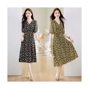 여자쉬폰원피스 쉬폰 원피스 플라워 여름 허리조임 브이넥 배 가림 그린 스커트 ible2