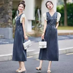 원피스 미디 데님 여자쉬폰원피스 브이넥 쉬폰 청치마 ible2