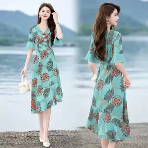 원피스 여름 머메이드 치파오 소매 언밸런스 플레어 브이넥 쉬폰 세미 여자쉬폰원피스 플라워 ible2