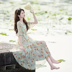 원피스 여름 허리조임 플레어 여자쉬폰원피스 플라워 쉬폰 슬림 브이넥 롱스커트 소매 ible2