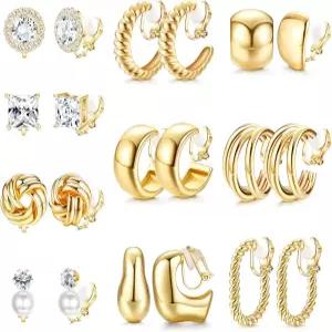 FIBO Steel 10쌍 여성용 귀걸이 클립 CZ 진주 매듭 트위스트 청키 후프 및 스터드 세트 보석 14K 금도금