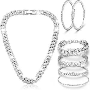 Yinkin 6개 쿠바 링크 체인 목걸이 팔찌 블링 라인스톤 후프 귀걸이 크리스탈 주얼리 세트 여성용