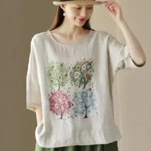 여름 캐주얼 빈티지 블라우스 프린트 반팔 린넨 티셔츠 여성패션 풀오버 쉬폰 DL2