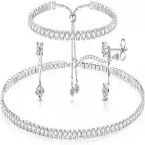 여성용 럭스발 테니스 목걸이 세트 팔찌 다이아몬드 귀걸이 스털링 실버 웨딩 주얼리 신부용 선물용