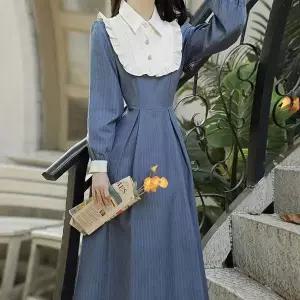 TBZ 교복몰 빈티지 블루 스트라이프 레이스 원피스 컨셉