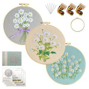 KEKMEOW 3세트 초보자를 위한 자수 키트, 야생화 패턴으로 스티치, DIY 크로스 스티치 키트, 스탬프 패턴이 있는 니들포인트 핸드 자수 키트 지침 후프
