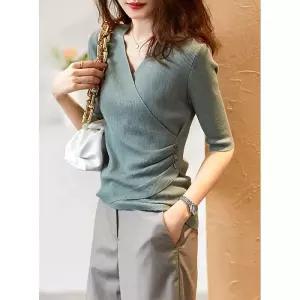 여성니트 랩 브이넥 울 슬림 니트 슬림핏 티셔츠 심쿵해외구매