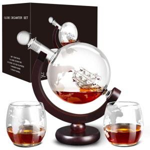 위스키 디캔터 세트, 남성용 선물 아빠 크리스마스, 주류 버번 칵테일 보드카 스카치 2잔 포함 글로브 세트 쿨 스터프 - 850ml