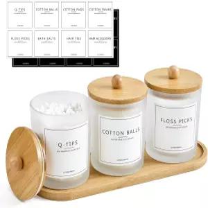 트레이 포함 3팩 큐팁 홀더 욕실 세트 13.5온스 코튼 원형 볼 패드 면봉 치실 픽 디스펜서 뚜껑이 있는