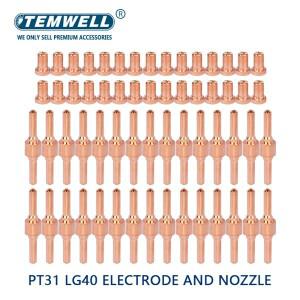 40pcs 빨간색 구리 확장 긴 플라즈마 커터 팁 전극 및 노즐 키트 PT31 LG40 40A 절단 호환용접기 토치 소모