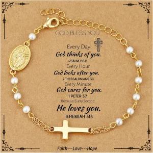 여성 소녀를 위한 세모야 가톨릭 팔찌 선물 모의 진주 묵주 구슬 성모 마리아 십자가 참 확인 첫 성찬 세례