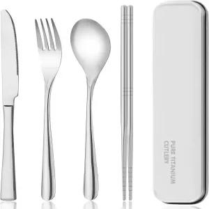 Zing TTI 티타늄 식기 세트 포크 나이프 젓가락 숟가락을 포함한 상자가 있는 여행용 가방에 포장 휴대용