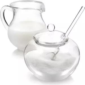 테아블로움 얼룩이 없고 냄새가 붕규산염 유리 설탕 및 크리머 세트 - 크림 피처 뚜껑이 있는 그릇 숟가락