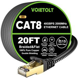 VOIETOLT Cat 8 이더넷 케이블 20 FT 플랫, 고속 40Gbps 2000Mhz 땋은 인터넷 케이블, 금도금 RJ45 네트워크 LAN 케이블 SSTP, 모뎀, PC용 PS4/5용 헤비 듀티 이더넷 코드 호환