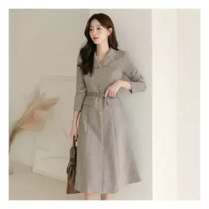 오피스룩 [시크라인] 샌디아 로우카라 골드버튼 헤링본 원피스