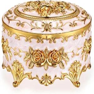 히피웨 빈티지 메탈 주얼리 박스 - 타원형 장신구 정리 링 케이스 반지 귀걸이 목걸이용 로즈 패턴 보관함